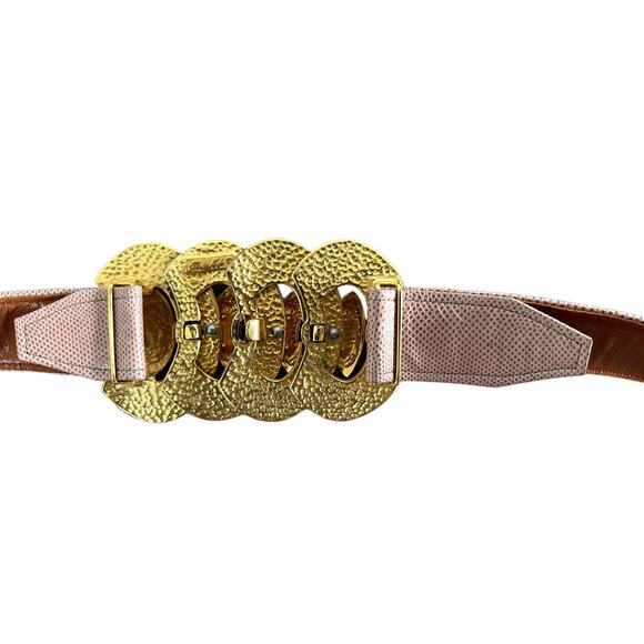 Alexis Kirk Pink Genuine Reptile Snakeskin Adjustable Belt Large Gold Buckle M/L - Picture 3 of 6